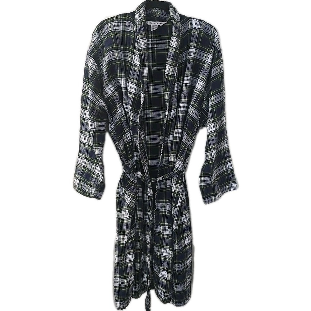 The Vermont Country Store Portuguese Flannel Green Blue Plaid Lounge Robe Size L